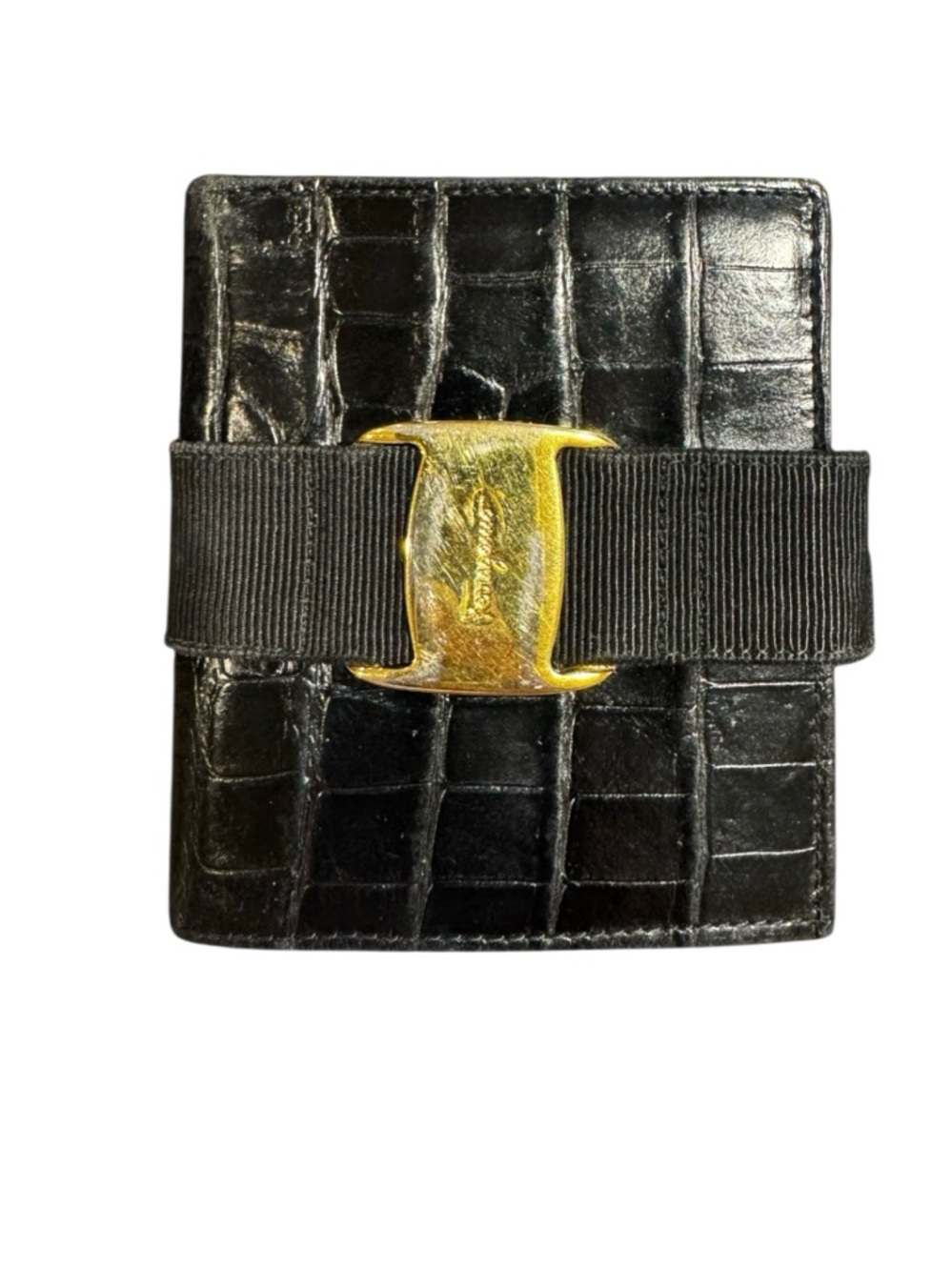 Salvatore Ferragamo Black Vara Bow Croc-Embossed Leather Wallet